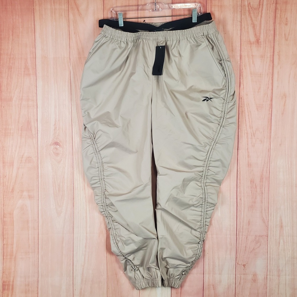 Reebok X Cardi B Jogger Pants Womens XL Beige Logo Woven Ruched Leg Outdoor